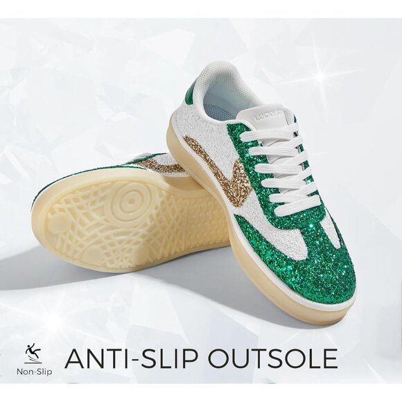 Lucky Step Women Green Sparkly Bling Shiny Dressy Bedazzled Bridal Sneakers - Picture 3 of 9